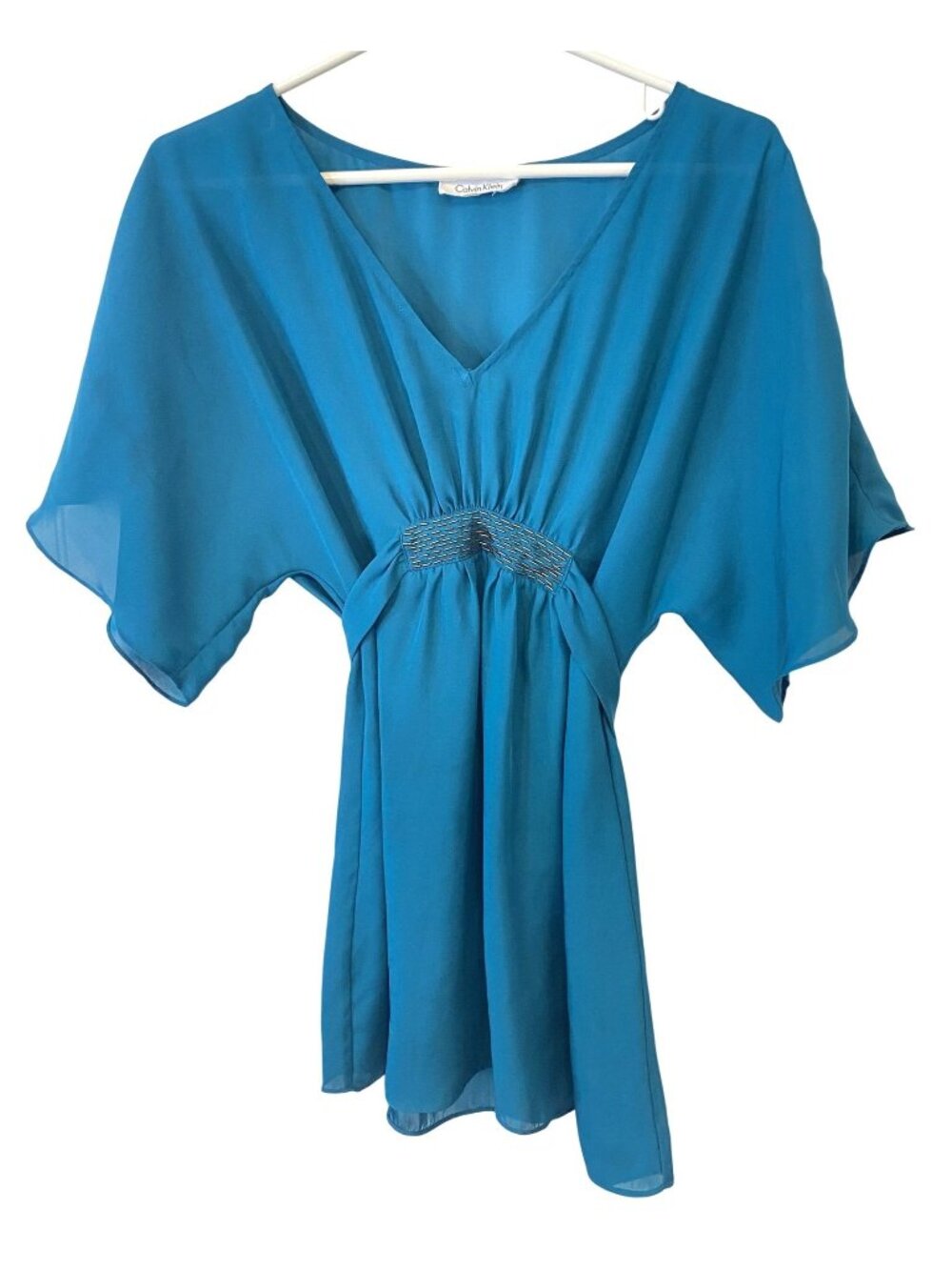 Calvin Klein Womens S Teal Blue Chiffon Empire Waist Blouse Beaded Y2K Party